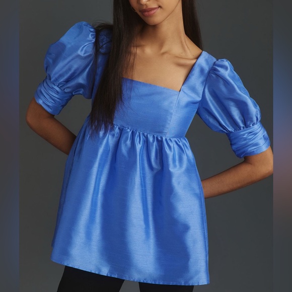 Anthropologie Tops - Anthropologie Hutch Puff Sleeve Square Neck Tunic Top Blue Size XL NWT
